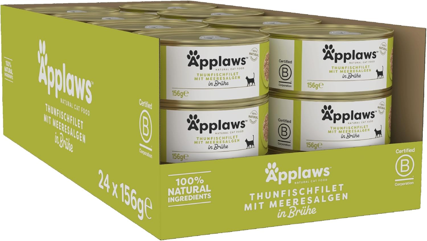 Applaws 100% natürliches Premium-Nassfutter für Katzen, Thunfischfilet mit Algen in Brühe - Packung mit 24 x 156g Dosen