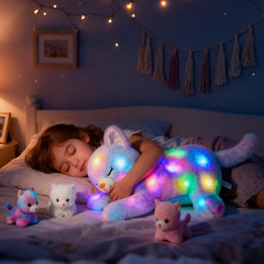Pisică de pluș muzicală cu LED, jucărie cântătoare luminoasă, Mama Pisică cu 3 pisoi în burtă, cântec de leagăn animat, jucărie liniștitoare pentru mame, copii, fete mici, curcubeu, 45 cm