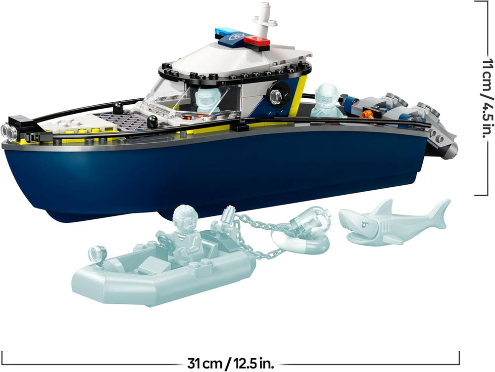LEGO City Verfolgungsjagd im Polizeiboot – Spielset mit schwimmfähigem Schnellboot, Schlauchboot des Ganoven, 3 Mini-Figuren und Einer Haifigur – Geschenk für Jungen und Mädchen ab 6 Jahren – 60456