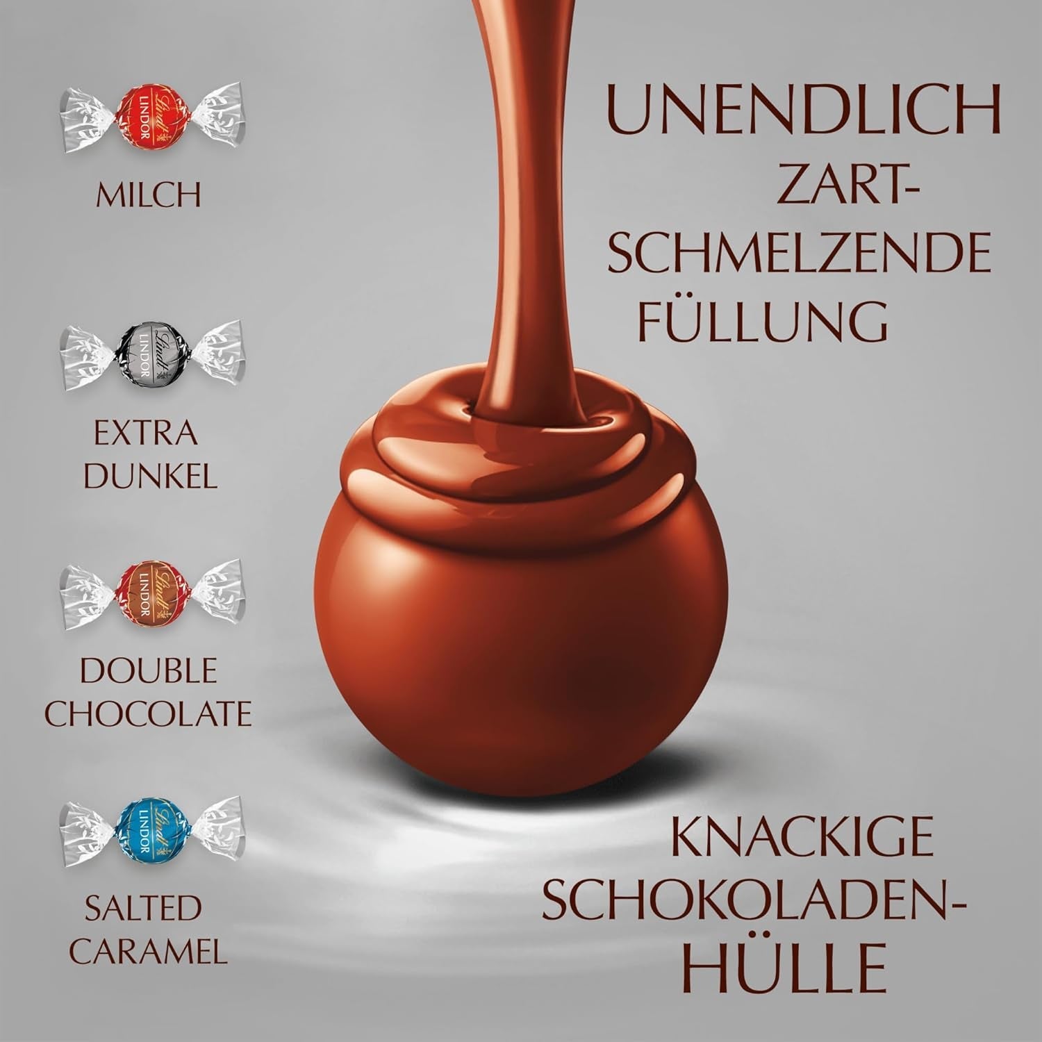 Lindt Chocolate | Pungă asortată LINDOR argintie | Pungă de 1 kg | 80 de bile de ciocolată care se topesc în gură în lapte, 70%, arome de caramel sărat și ciocolată dublă | Cadou de ciocolată de împărțit