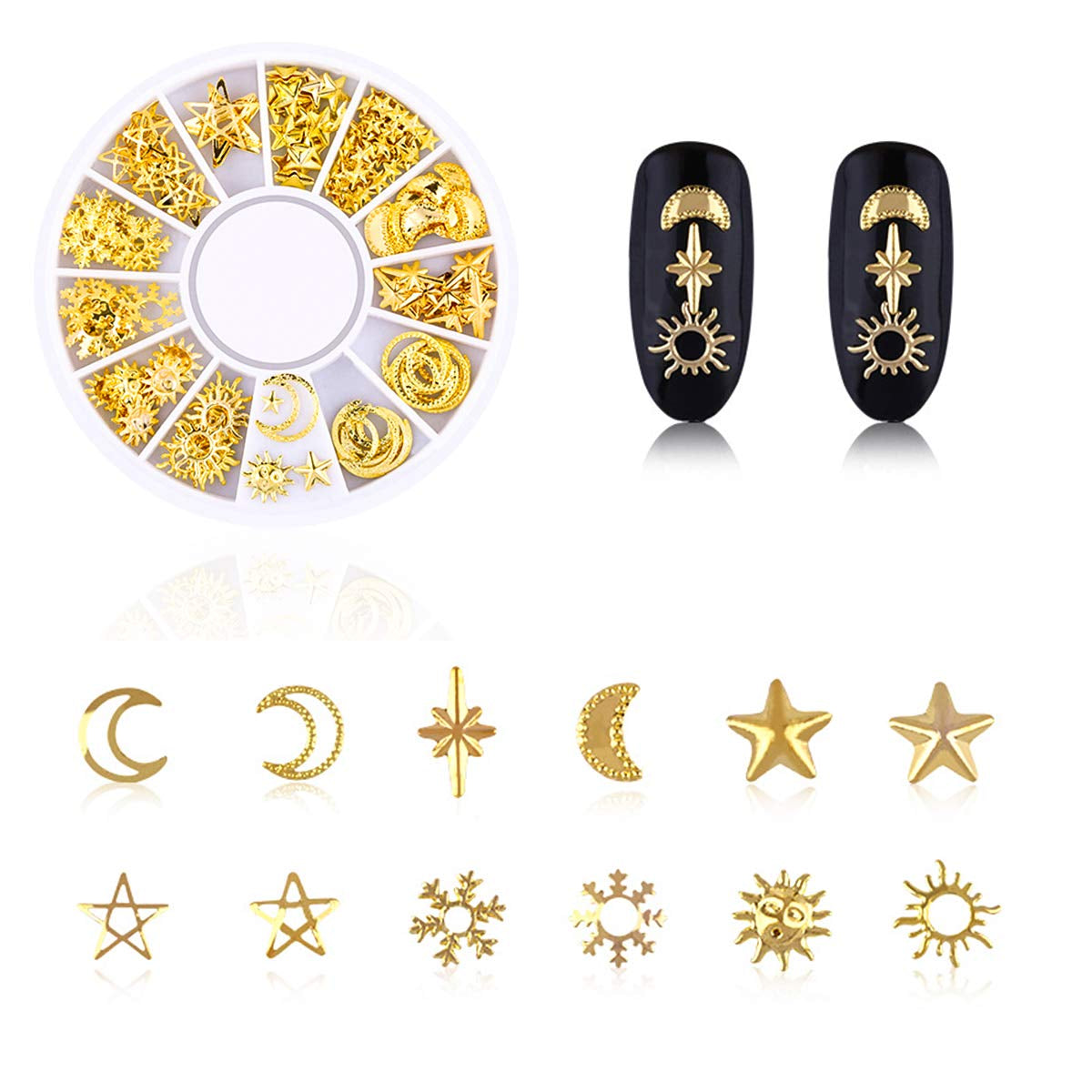 4 Boxes Nagel Kunst Strass, 3D Nagel Kunst Dekorationen, Mix Größe Nagel Perlen Glitter Strass Gold Metall Hohlniet Nagelkunst Stern Mond Sonne Nagel Zubehör Für DIY Nageldesign