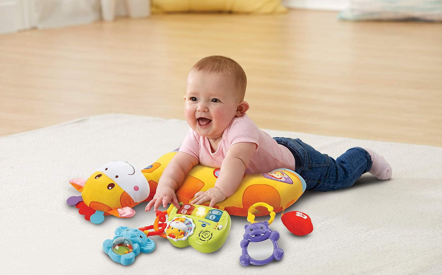 Pernă girafă pentru bebeluși Vtech - Pernă drăguță pentru îmbrățișare, joacă în poziția culcat și zornăit - Pentru copii cu vârsta cuprinsă între 0-24 luni Jucarii Bebe Naty Shop
