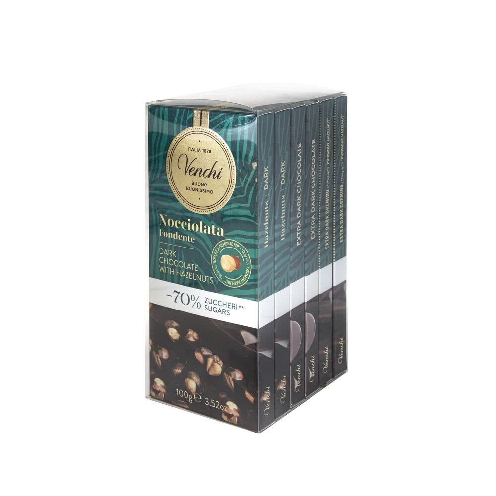 Venchi – Pachet de 6 batoane de ciocolată neagră cu alune de pădure, 600g – Fără zahăr adăugat – Fără îndulcitori artificiali – Fără gluten – Vegan – Idee de cadou