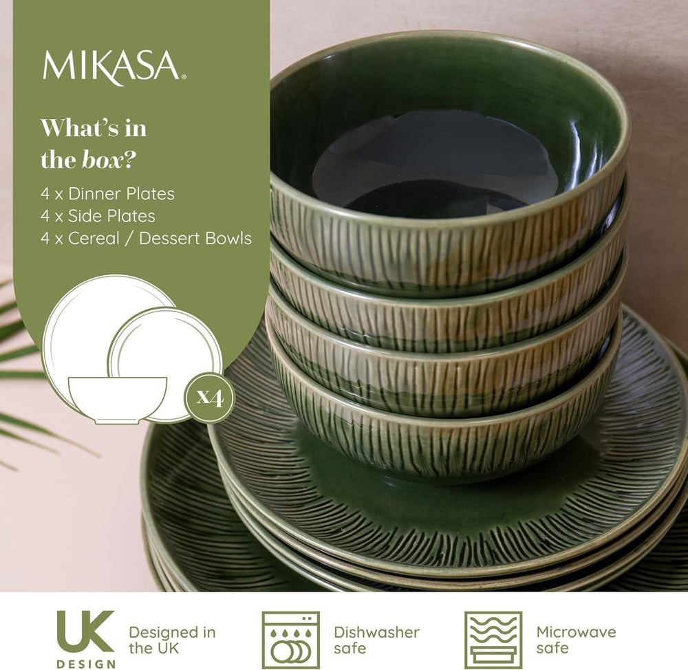 Set de veselă Mikasa Jardin cu 12 piese, set de veselă din gresie pentru 4 persoane cu farfurii, farfurii laterale și boluri, verde - cutie cadou și lavabilă în mașina de spălat vase