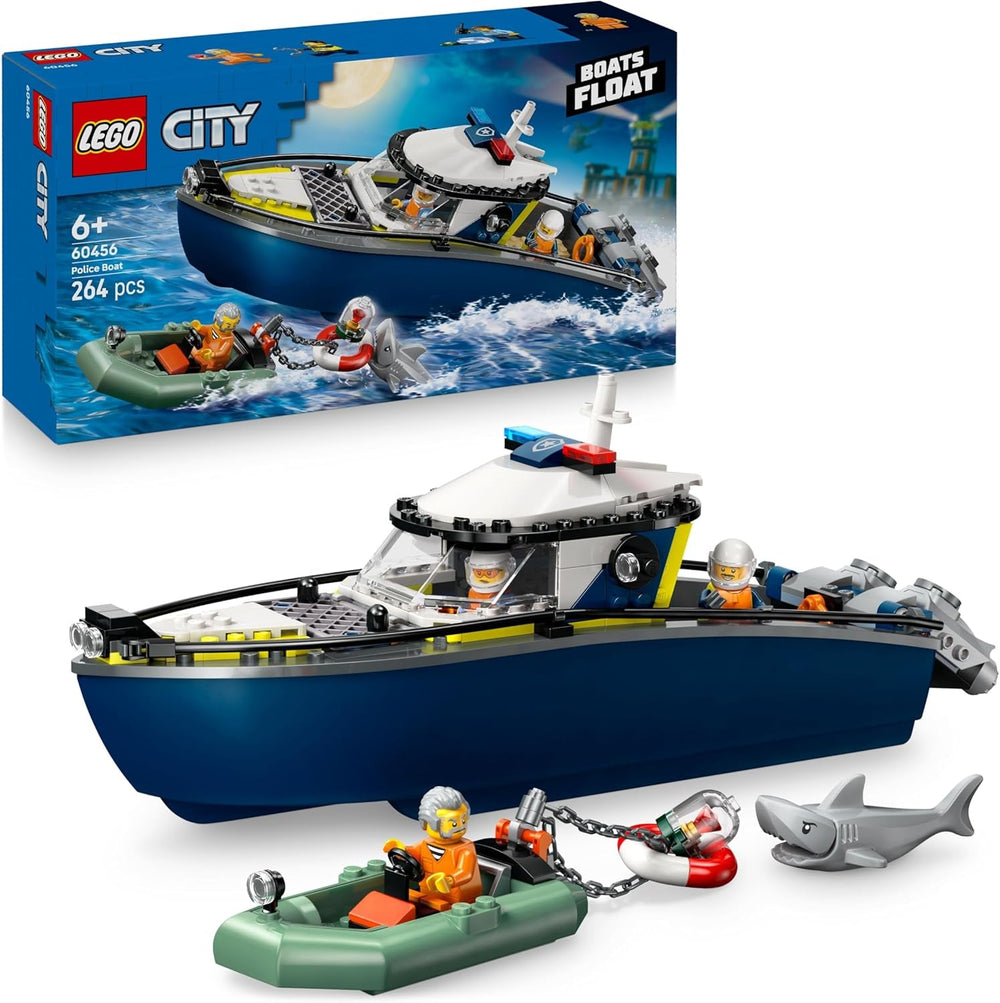 LEGO City Verfolgungsjagd im Polizeiboot – Spielset mit schwimmfähigem Schnellboot, Schlauchboot des Ganoven, 3 Mini-Figuren und Einer Haifigur – Geschenk für Jungen und Mädchen ab 6 Jahren – 60456