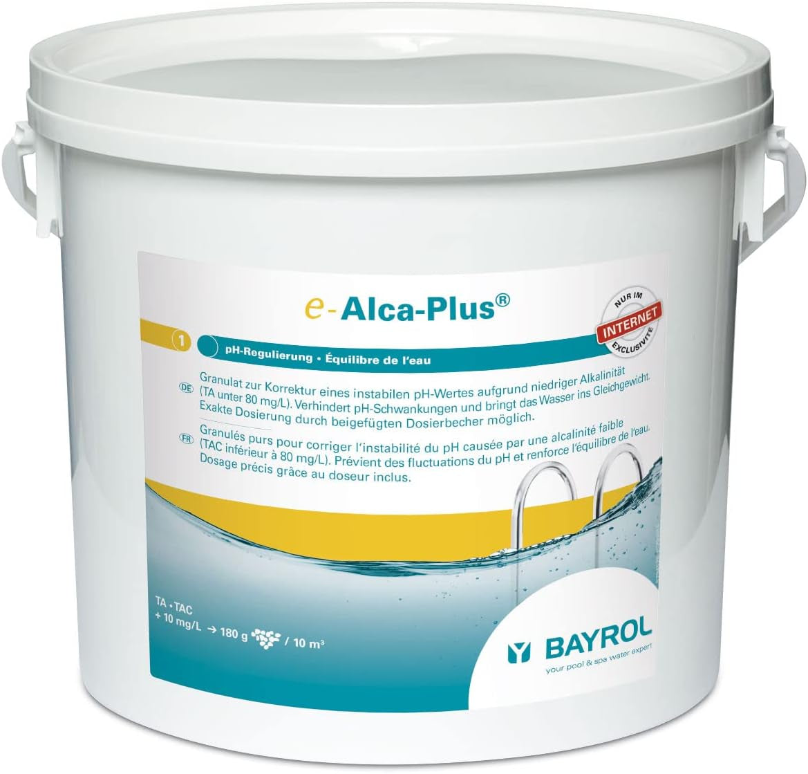BAYROL e-Alca-Plus - Granule pentru corectarea nivelurilor instabile de pH din cauza alcalinității scăzute - Găleata include un pahar dozator și o pungă de plastic cu sigiliu de siguranță - 5 kg