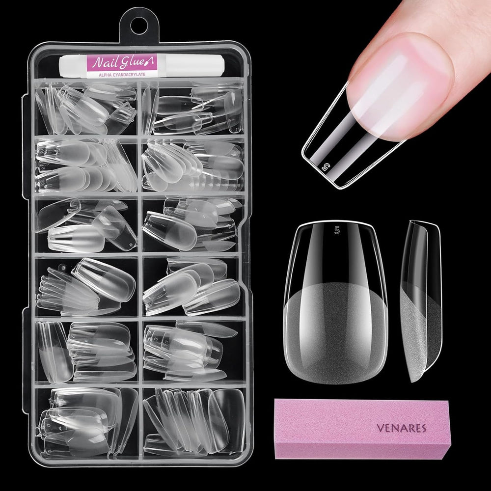 Tipuri de unghii pentru unghii cu gel, set 120 bucăți unghii artificiale scurte, culoare migdale, 11 dimensiuni unghii cu gel, tipuri de unghii cu lipici, bloc de buffer pentru unghii