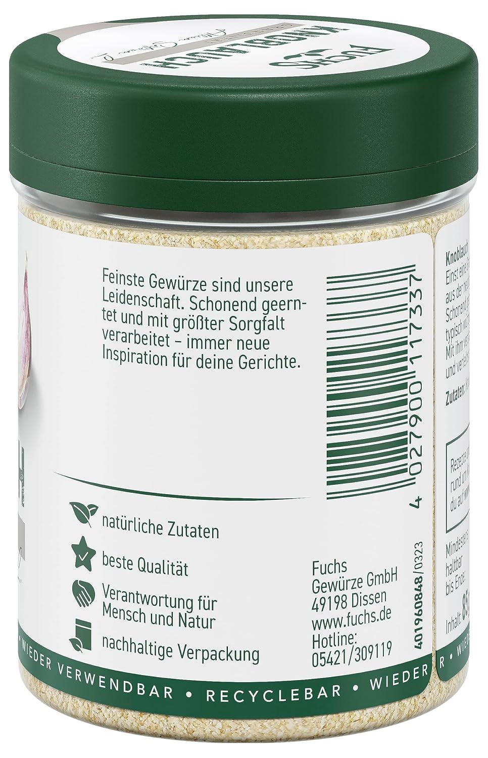 Fuchs Gewürze - Knoblauch granuliert - würzig-zwiebliger Geschmack für Tzatziki, Knoblauchbutter oder Gemüsegerichte - natürliche Zutaten - 85 g in wiederverwendbarer, recyclebarer Dose