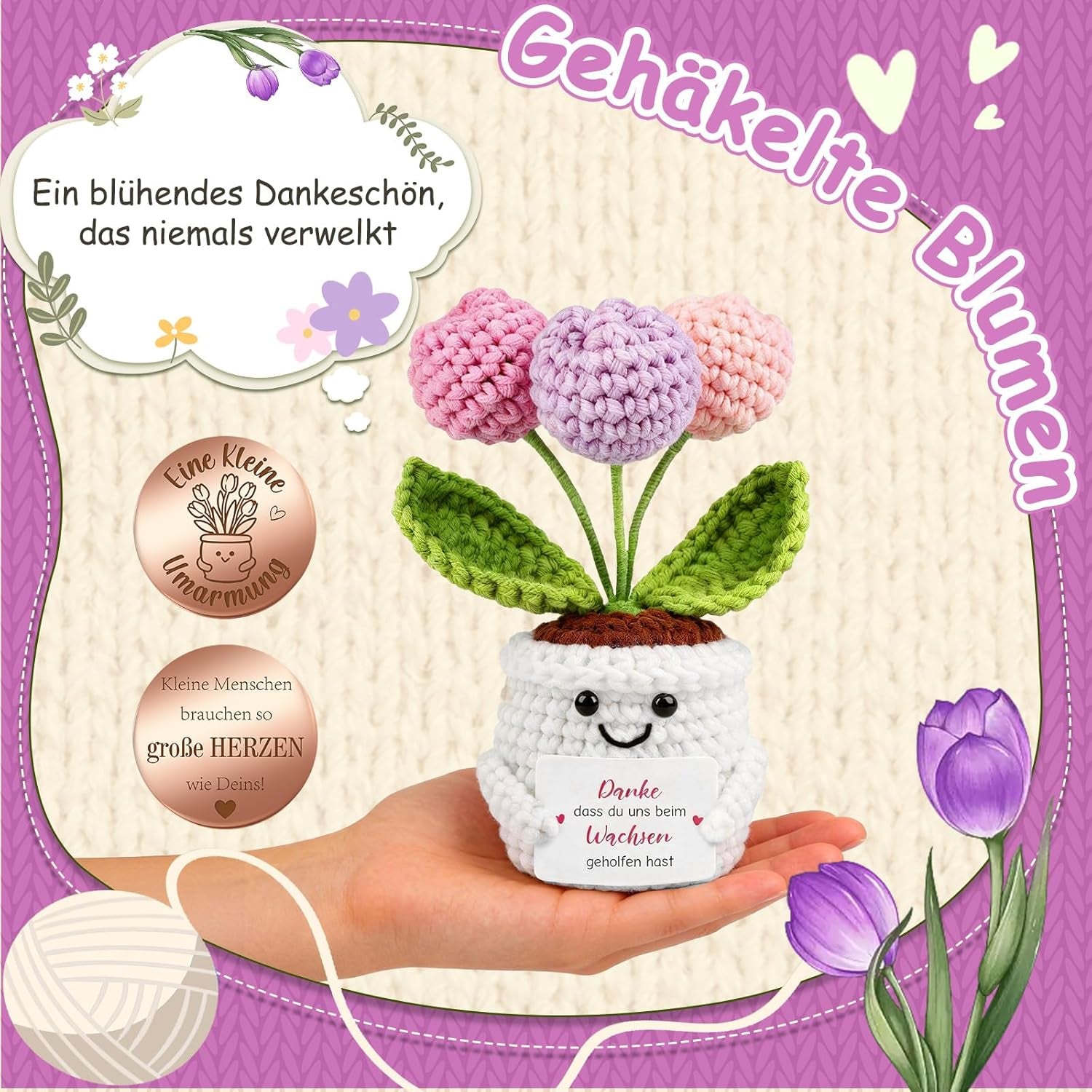 Abschiedsgeschenk Kollegin & Lehrerin Erzieherin - Pocket Hug Tulpen Blumen - Dankeschön Geschenk Für Rente, Jobwechsel & Abschied - Gehäkelte Blumen & Glücksbringer - Schlüsselanhänger