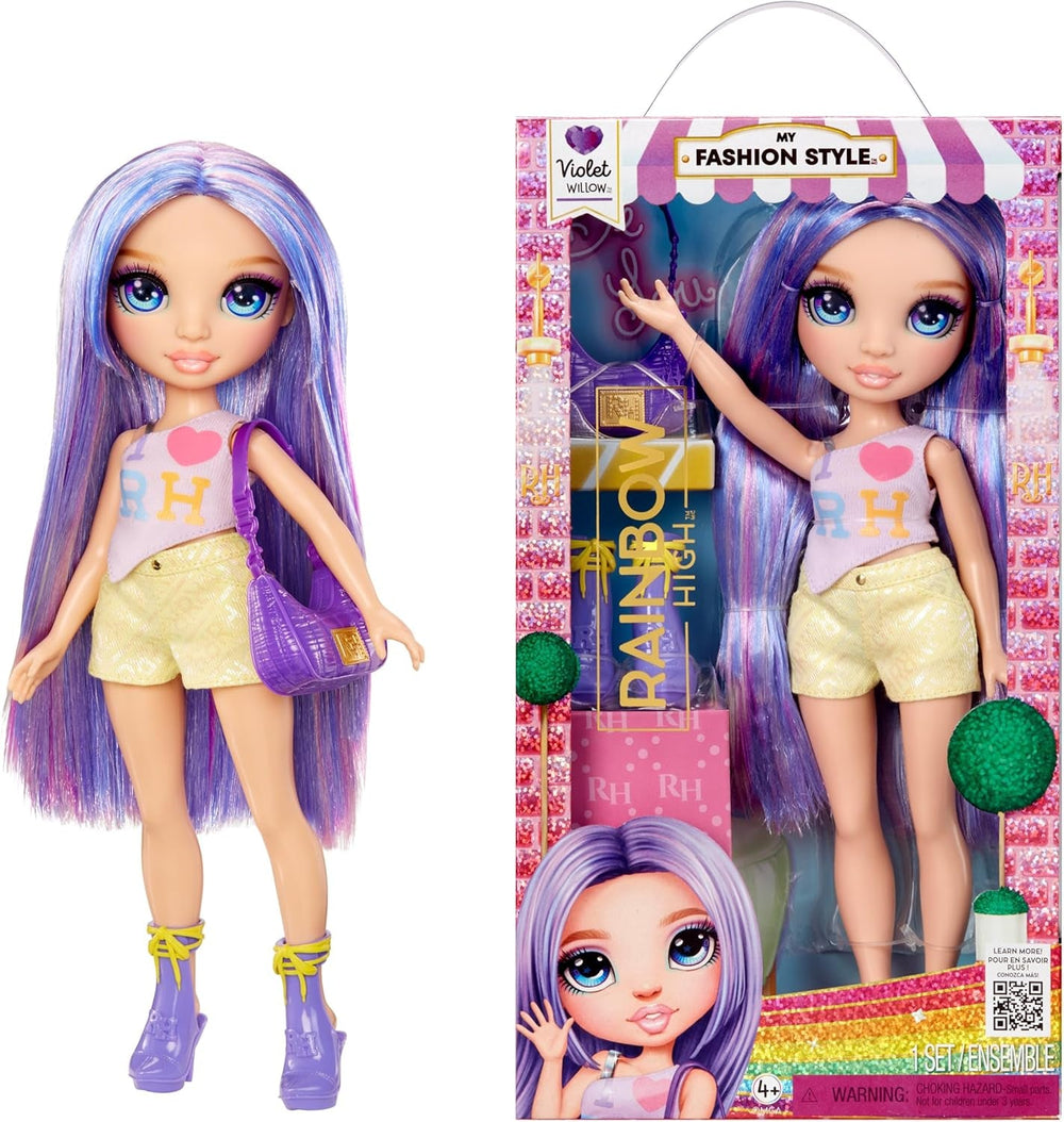 Păpușa Rainbow High My Fashion Style - Violet - 28 cm Păpușă la modă mov cu ținută atrăgătoare și geantă elegantă, pentru joacă, pozat, colecționare, pentru copii cu vârsta cuprinsă între 4 și 12 ani