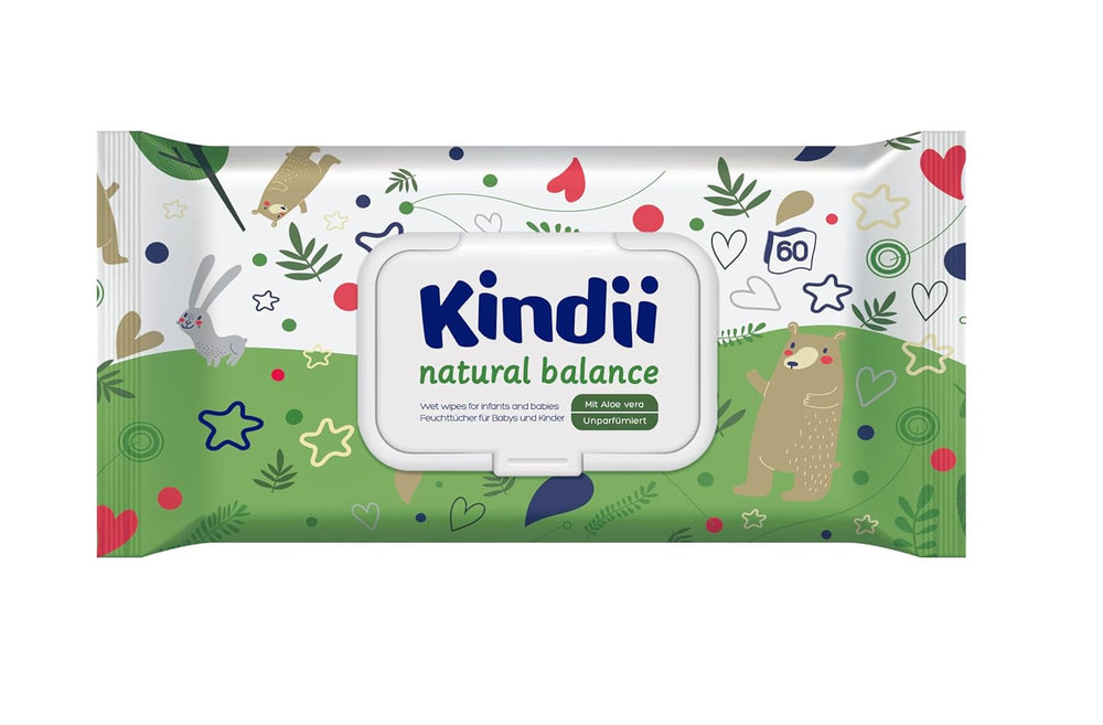 Șervețele umede Kindii Natural Balance pentru bebeluși – (1 x 60 buc.) Șervețele umede pentru bebeluși și copii – Protectoare, Aloe Vera, Parfum delicat – 60 buc.