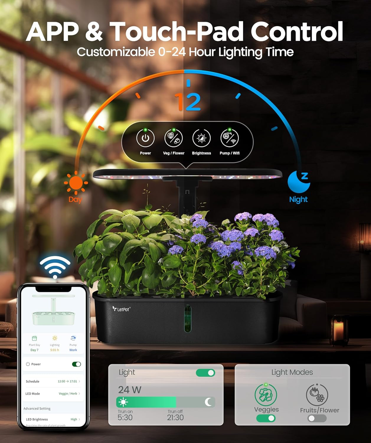 Kituri pentru sisteme de creștere hidroponice LPH-Air, controlate prin aplicație și WiFi, grădină inteligentă de interior cu lumină de creștere de 24W, spectru complet, 10 capsule, jardinieră, kit cadou pentru grădinărit de interior