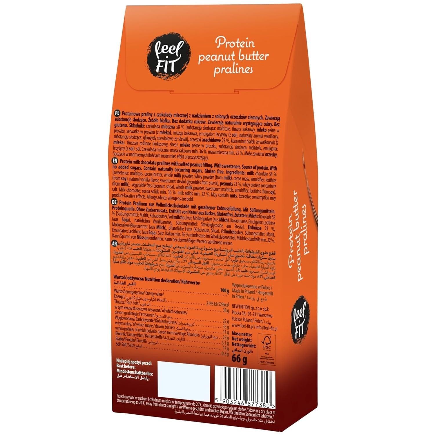 Praline proteice cu unt de arahide Feel FIT în ciocolată cu lapte de înaltă calitate, fără zahăr adăugat, 17% proteine, fără gluten 66 g (1 pachet)