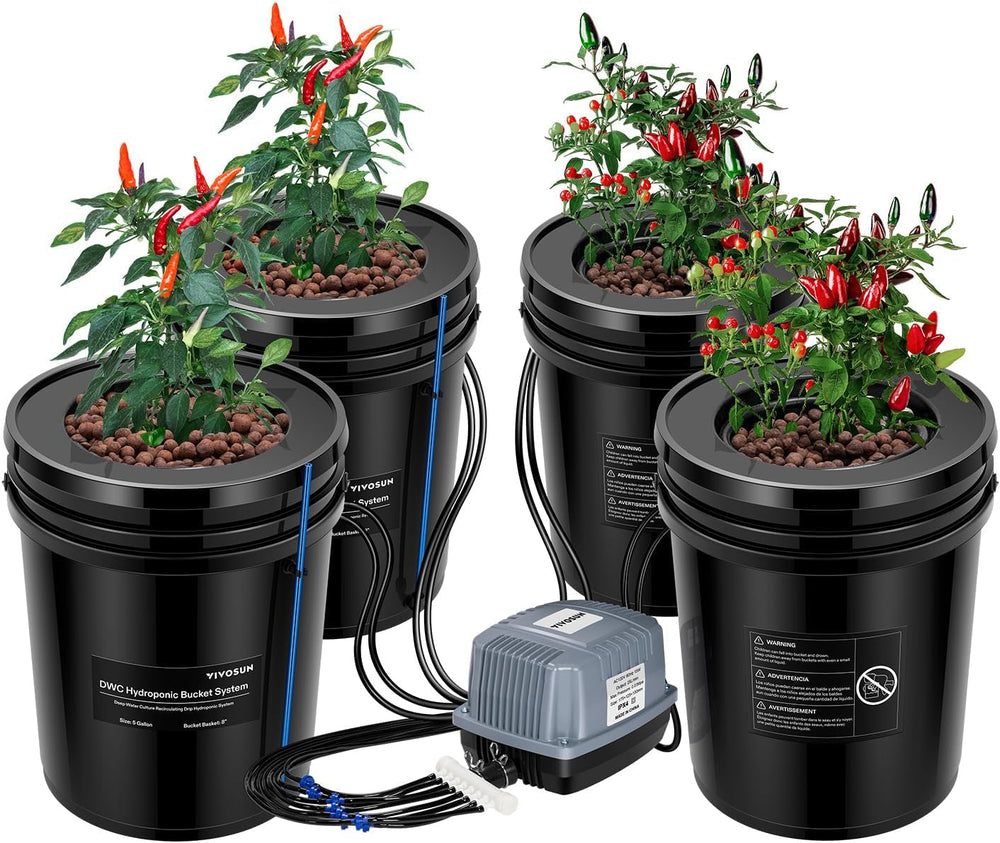 VIVOSUN DWC Hydrokultur Anbausystem mit Topf-Tropfkit, 5-Gallonen Tiefwasserkultur, Umwälz-Tropfgartensystem mit Mehrzweck-Luftschlauch, 8W Luftpumpe und Luftstein (1 Eimer + Top-Drip-Kit)