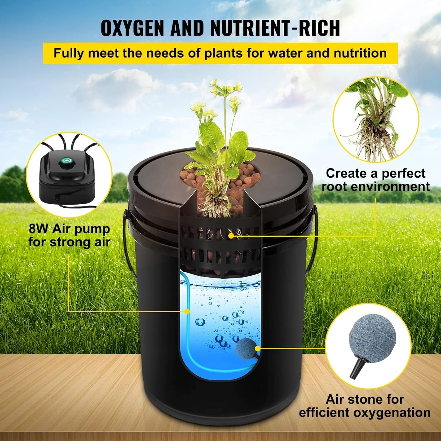 Sistem de creștere hidroponică VEVOR DWC, Sisteme de creștere hidroponică, Cultivare în apă adâncă 4 găleți de 20 de litri, Sistem DWC cu pompă de aer, pietre de aer și indicator al nivelului apei pentru legume cu frunze