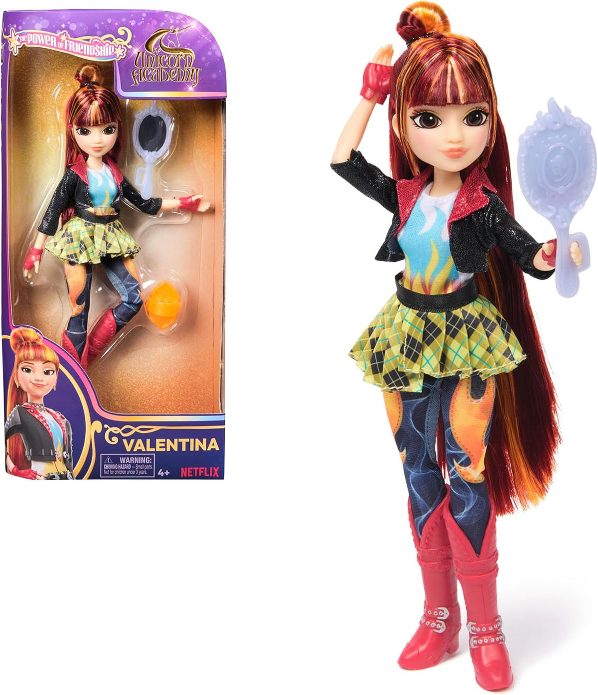 Păpușa Valentina de la Unicorn Academy - păpușa originală din popularul serial Netflix, 24 cm înălțime, cu păr natural, haine și accesorii detașabile, pentru copii cu vârsta de 4 ani și peste