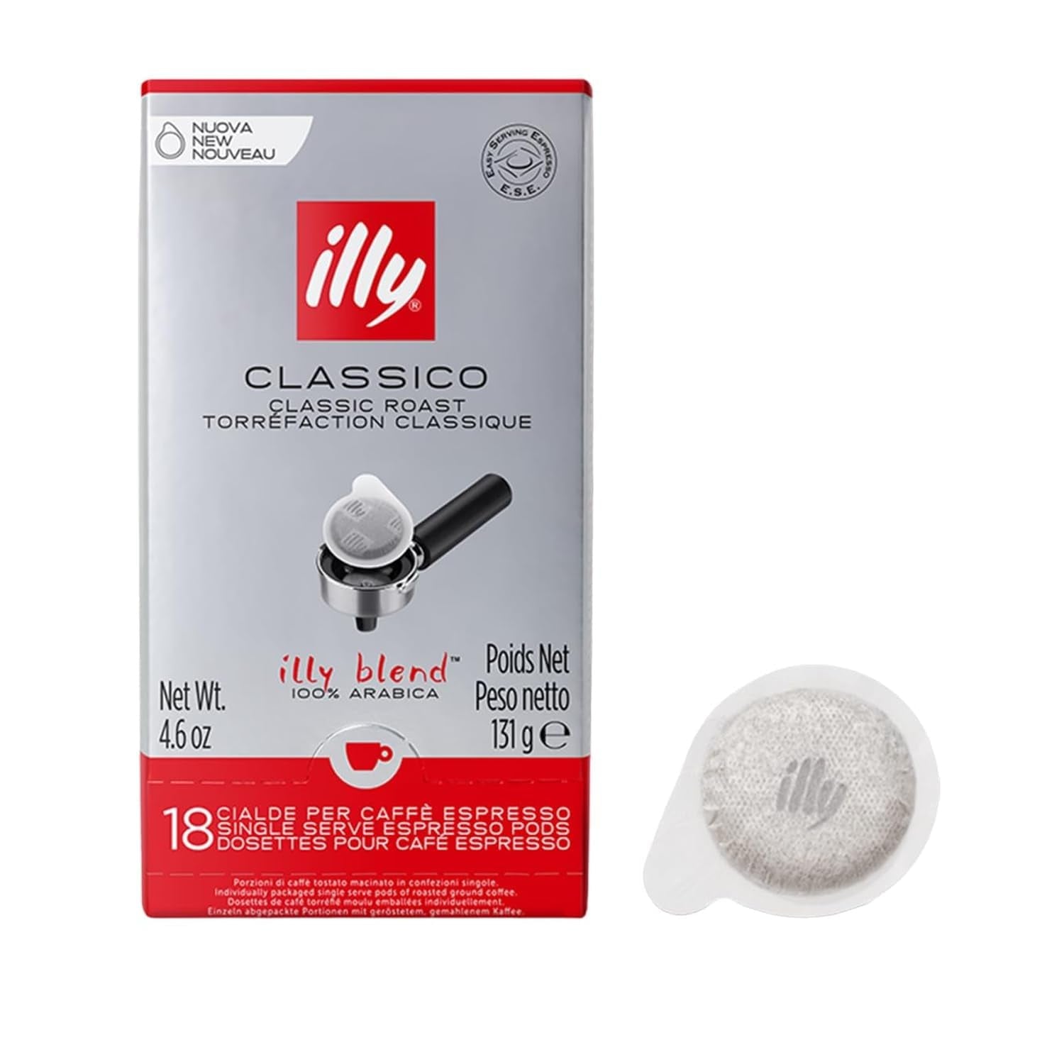 illy, Kaffee E.S.E. Pads Einzeldosis CLASSICO, 100% Arabica mit Noten von Orangenblüten und Jasmin, Sanfter Geschmack und Süßer Nachgeschmack, 1 Packung mit 18 kompostierbaren kapseln