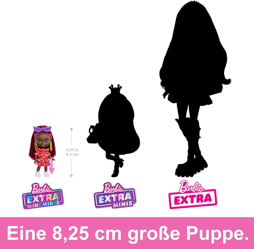 Barbie Extra Mini Minis, Extra Mini Minis Schwarze Barbiepuppe mit roten Haaren, rotem Kleid, Handtasche mit Schleife, Sonnenbrille und anderem Barbiezubehör, Geschenk für Kinder ab 3 Jahren,HLN47