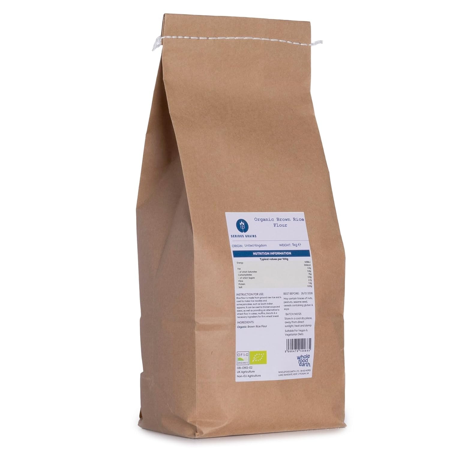 Făină de orez brun organică Wholefood Earth – 3 kg | Măcinată pe piatră | Fără OMG | Certificată organică