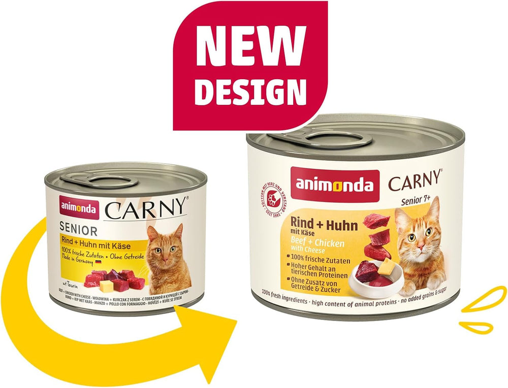 Animonda Carny Senior Hrană umedă pentru pisici cu vită + pui + brânză (6 x 200g), hrană umedă fără cereale și fără zahăr pentru pisici de 7 ani și peste, cu ingrediente proaspete și cărnoase