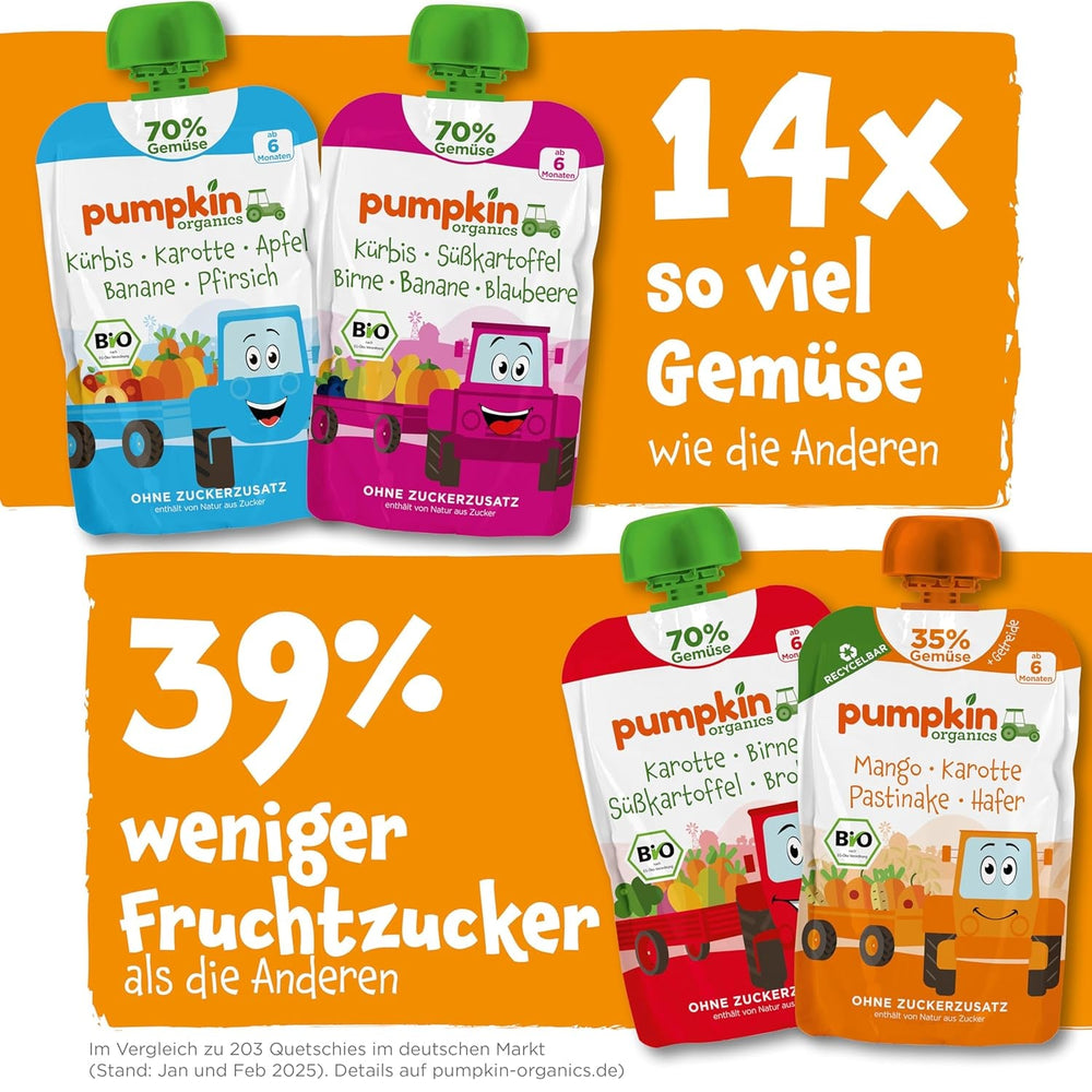 Pliculețe cu legume și cereale organice Pumpkin Organics, pachet de 8: Pară, Căpșuni, Cartofi dulci, Sfeclă roșie, Banană, Ovăz - Fără zahăr adăugat¹ - De la 6 luni - ca gustare sau aliment complementar la pachet (8 x 100g)