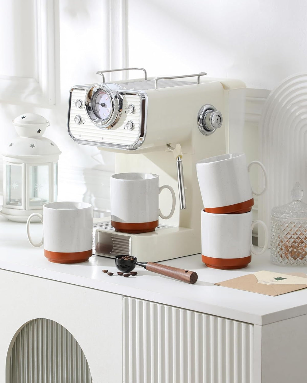 Set de căni de cafea MALACASA, set de cești din gresie 350 ml pentru 4 persoane, cești de cafea moderne pentru ceai, suc, latte, cappuccino, ciocolată caldă. Se poate spăla în mașina de spălat vase și la cuptorul cu microunde, seria TARA, alb kaki