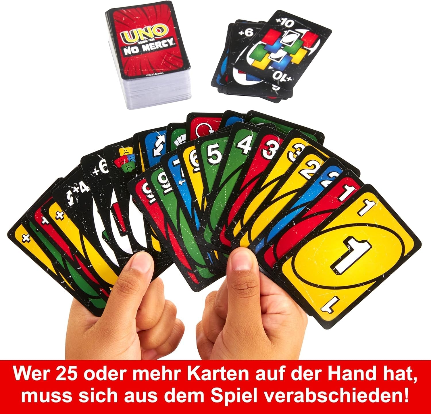 Mattel UNO Show 'em No Mercy - 56 de cărți suplimentare, cărți de acțiune dificile și reguli de joc brutale pentru cea mai nemiloasă versiune, regulă de stivă și schimb de cărți de mână, vârste 7+, HWV18