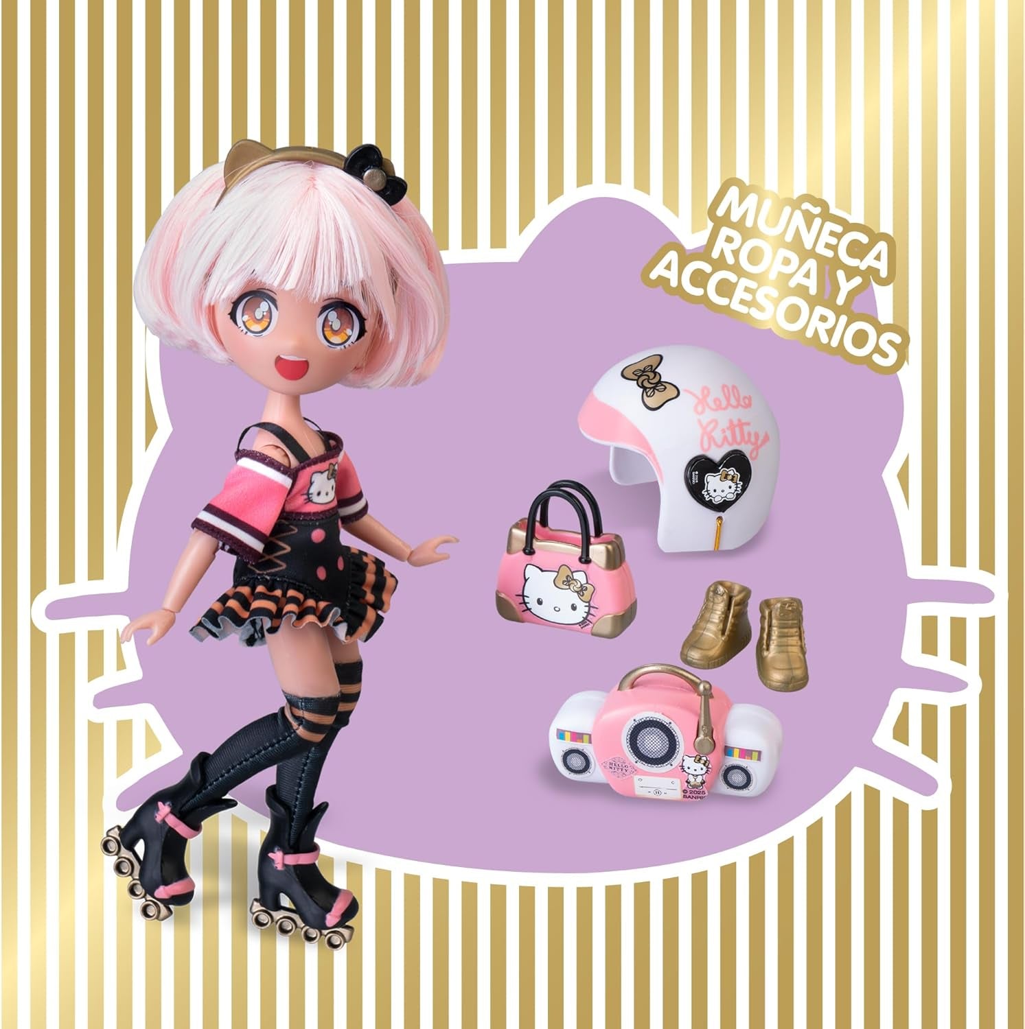 4SF -  Golden Diva Roller, Japanische Fashion Puppe im Rollschuh-Look, Figur von 19,5 cm mit 15 Gelenkpunkten, Inklusive Helm, Tasche, Musikzubehör und Stiefel, Famosa (HKTF1000)
