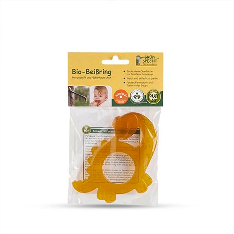 Inel de dentiție organic GRÜNSPECHT din cauciuc natural pentru bebelușii care își erup dentiția, masează gingiile, fără BPA, moale, promovează motricitatea fină, model dinozaur (639-V1)