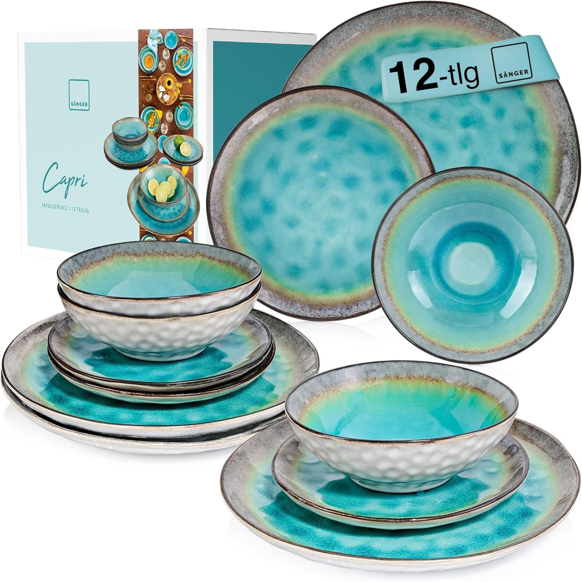 SÄNGER | Set de veselă Capri cu 12 piese, set de farfurii pentru 4 persoane, veselă din gresie, inclusiv farfurii de cină, farfurii de desert și farfurii de sumă, serviciu de cină turcoaz lucrat manual cu margine gri | COLECȚIA PREMIUM