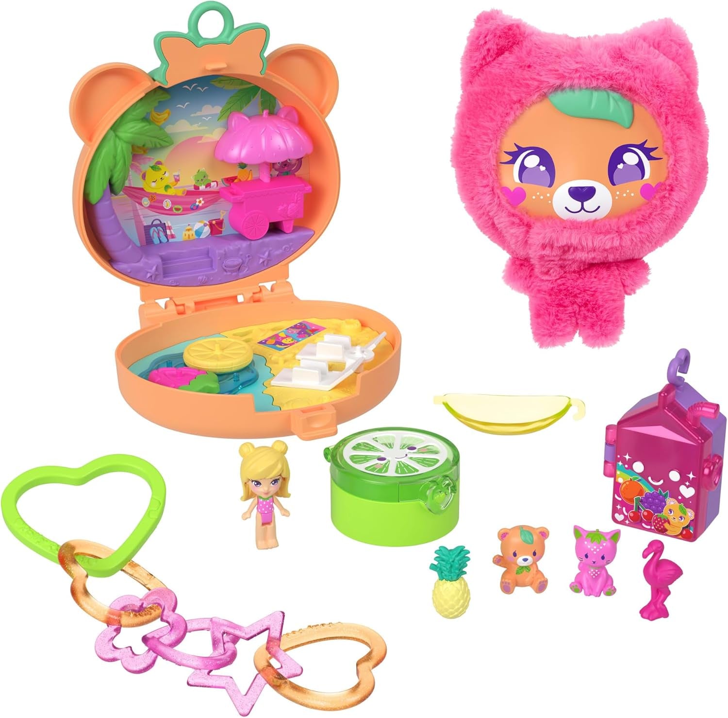 Polly Pocket Puppen- und Haustier-Spielset, Plüschbär-Schatulle, Schlüsselanhänger und Plüschtier, Obst-Zubehörteile und Anhänger, JKC79