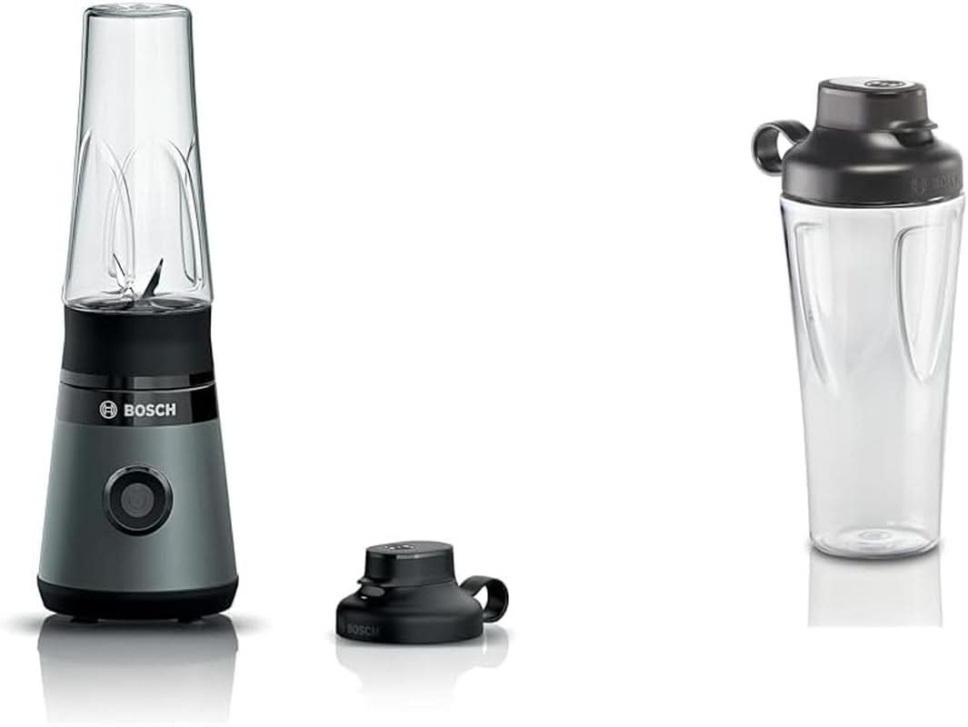 Bosch Mini-Standmixer Vitapower Serie 2 MMB2111S, Highspeed-Mixer, Bis Zu 40.000 Rpm, Tritan Togo-Flasche 0,6 L, Trinkdeckel, Bruchsicher,Spülmasch.Geeignete Teile, 450W, Silber/Schwarz Bucatarie Naty Shop Bundle Mit Togo-Flasche Silber / Schwarz