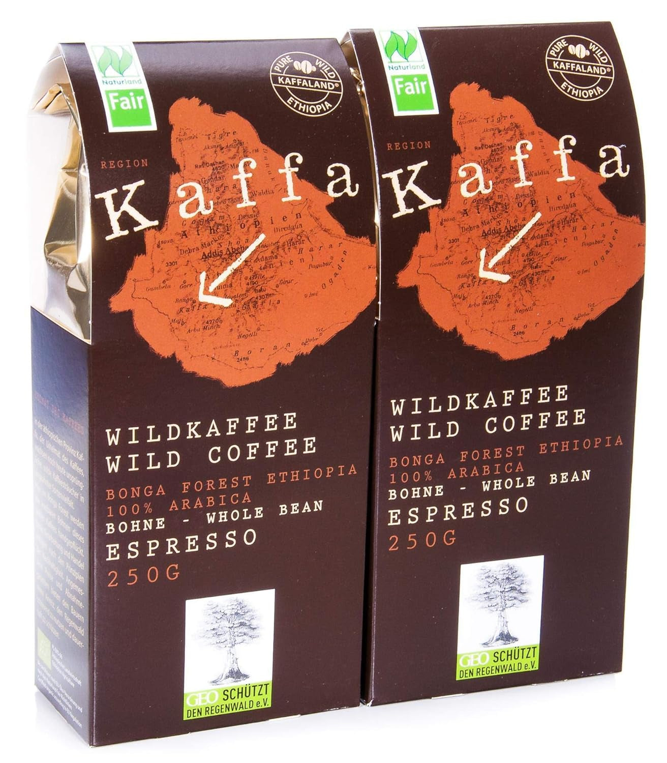Cafea sălbatică organică, prăjire Espresso, boabe întregi (2 x 250 g)