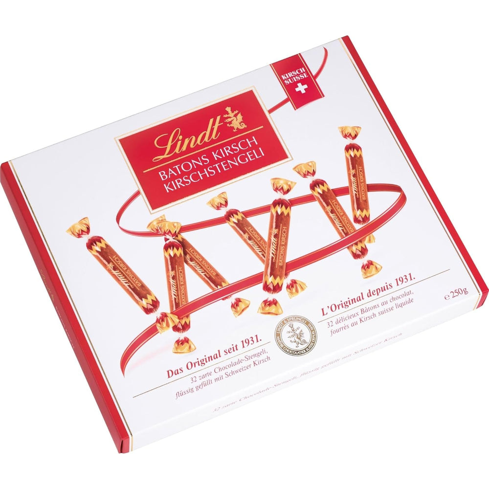 Bastoane de ciocolată Lindt cu tulpini de cireșe | 250 g | 32 de batoane de ciocolată cu lapte umplute cu lichior lichid de cireșe elvețiene | Cadou de ciocolată cu alcool | Cadou de ciocolată