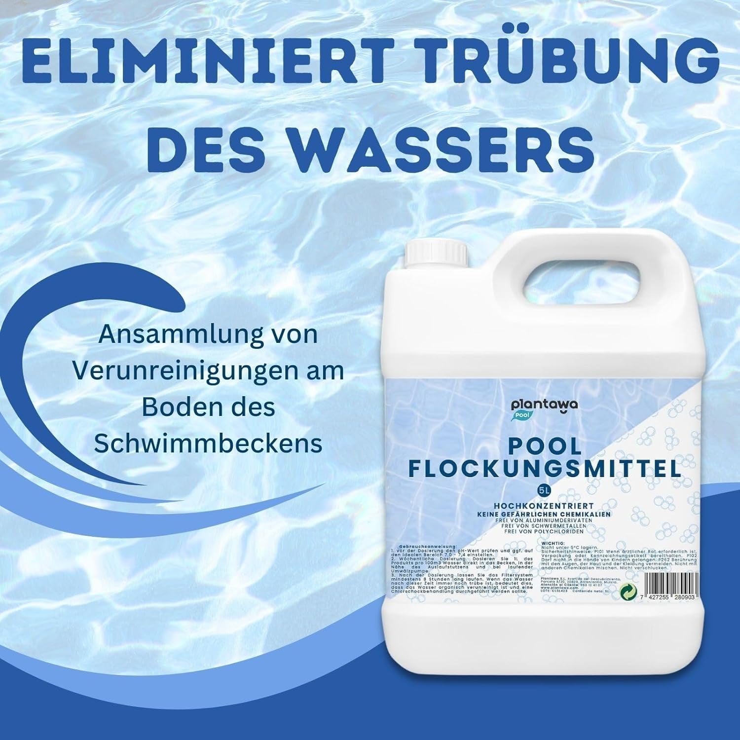 Floculant pentru piscină 5L | Floculant pentru piscină pentru apă cristalină | Foarte concentrat și economic | Potrivit pentru toate sistemele de filtrare | Fără aditivi nocivi