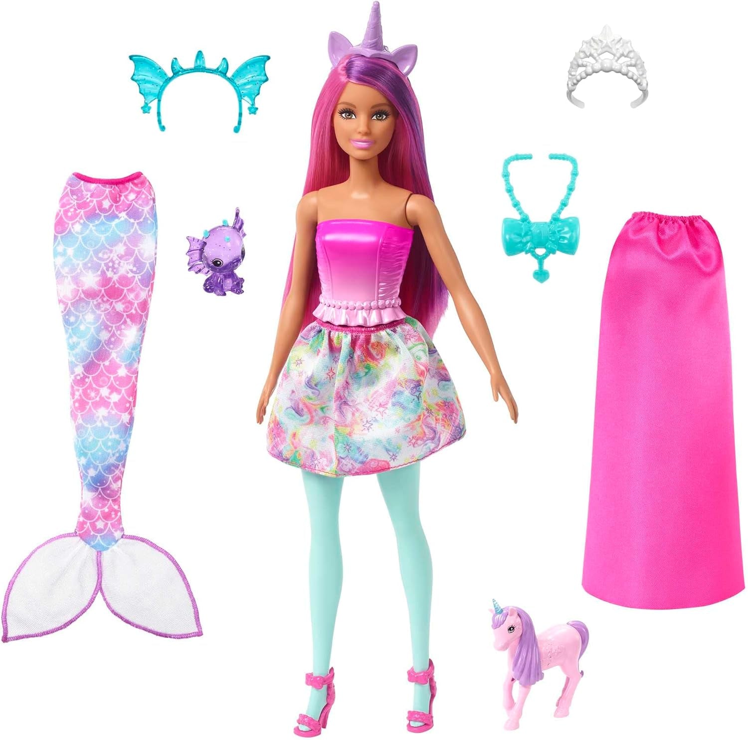 Barbie 3-in-1 Fantasie Puppe, Spielset mit 8 Accessoires inklusive Meerjungfrauen-Schwanzflosse, Feenflügen, königlichen Ketten, Schuhen un vielem mehr für über 10 Verschiedene Looks, JCP74