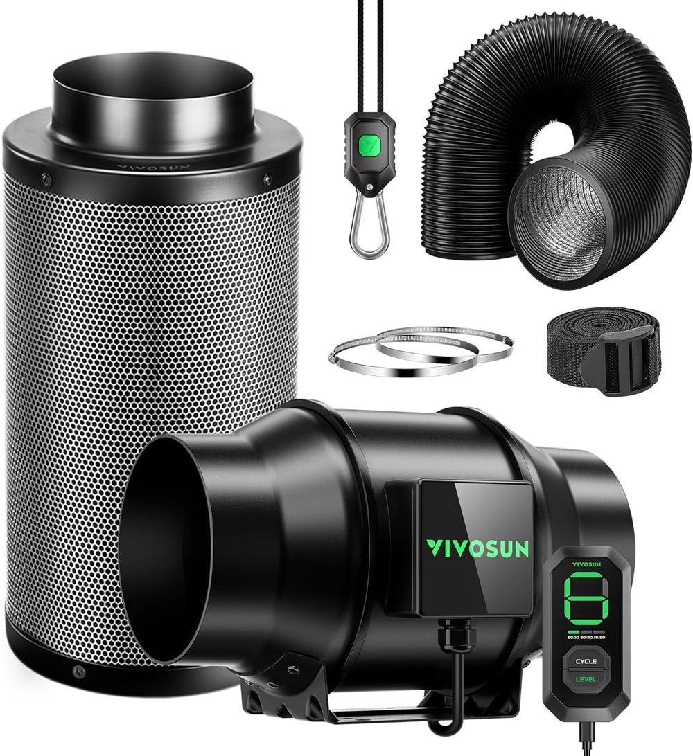 VIVOSUN Kit Ventilator Inline Inteligent 100mm/Evacuare AeroZesh G4 cu GrowHub E42A+, Controler de Temperatură și Umiditate, Telecomandă WiFi/Aplicație, Filtru de Cărbune Activ și Furtun pentru Corturi de Cultivare și Hidroponie