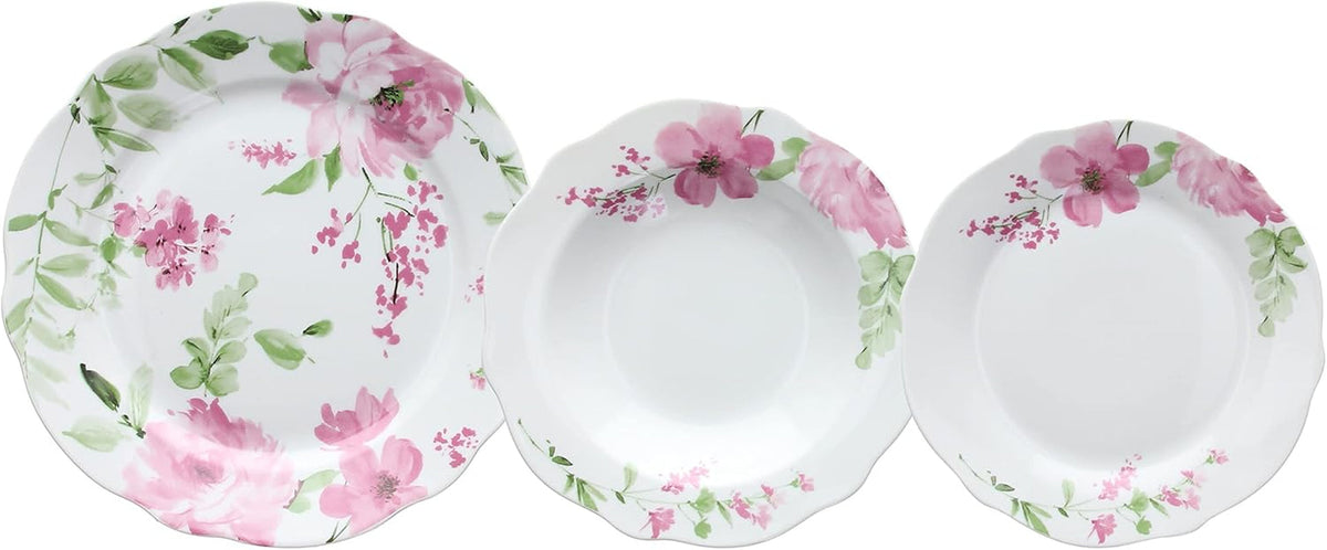 Set de veselă Wildrose cu 18 piese pentru 6 persoane, porțelan floral