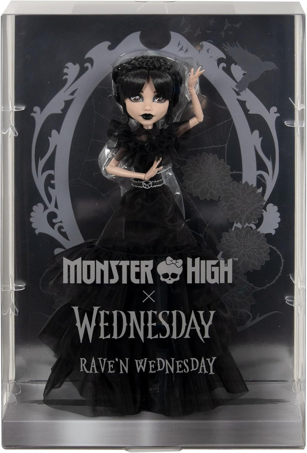 Păpușa Monster High Wednesday, figurină de colecție Rave'N Wednesday în rochie gotică neagră, inspirată de scena dansului, accesorii premium și suport pentru păpuși, HXJ03