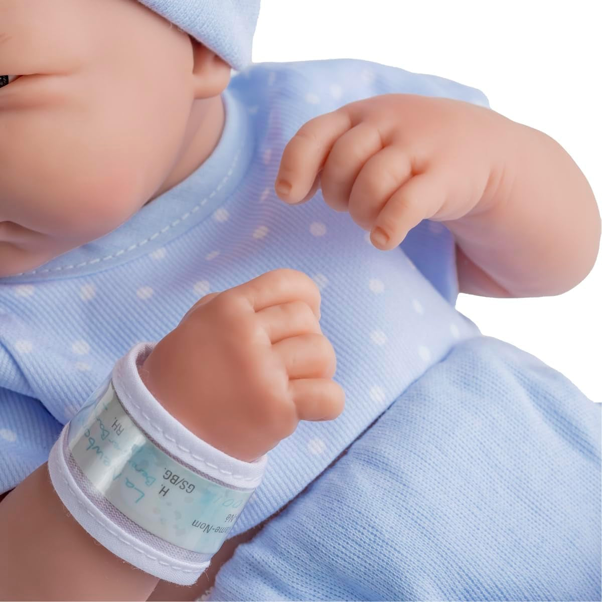 jc toys 102-18540 – Kinderpuppe, Körper aus Gummi, Blaue Kleidung mit Punkten, 36 cm