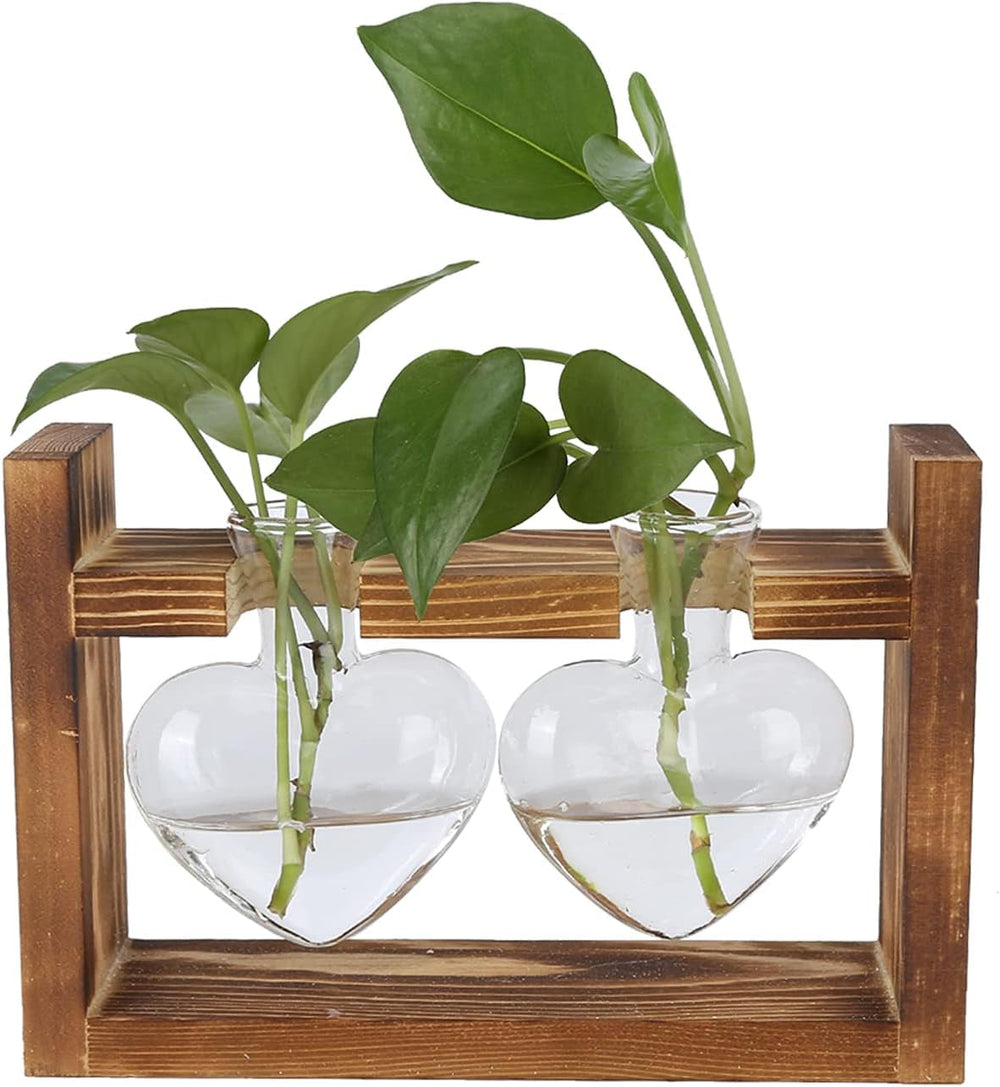 Terariu cu plante cu suport din lemn, vază de masă în formă de inimă, plante hidroponice din sticlă transparentă pentru decorarea grădinii de acasă, decorațiune hidroponică cu flori pentru birou, living, bucătărie (A)