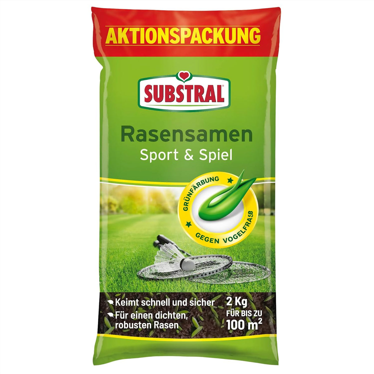 Substral Rasensamen Sport Und Spiel, 2Kg Für 100M² - Strapazierfähige Rasensaat-Mischung Mit Grünfärbung Gegen Vogelfraß