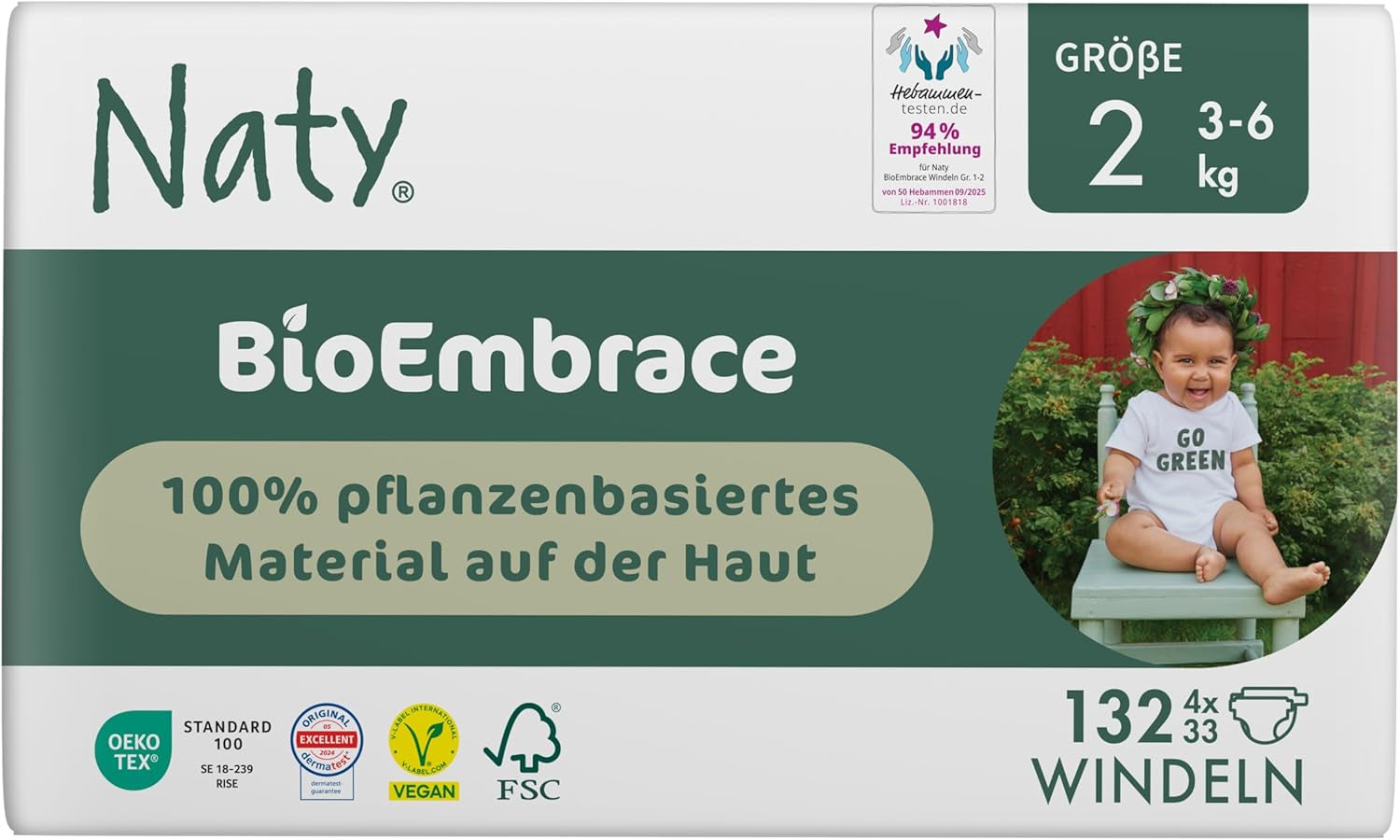 Scutece pentru bebeluși Naty BioEmbrace, mărimea 5 (11–25 kg) | 100% materiale pe bază de plante, delicate cu pielea | Moliciune respirabilă, testate dermatologic, absorbție excelentă | 80 buc.