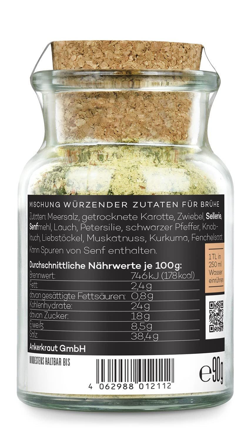 Ankerkraut Gemüsebrühe, ohne Geschmacksverstärker, ohne Zucker, 90g im Korkenglas, Mischung würzender Zutaten für Brühe