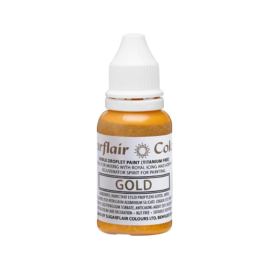 Vopsea comestibilă cu picături Sugarflair, auriu lichid - Colorant alimentar pentru pastă de zahăr, cremă de unt - Poate fi folosit cu aerograful - 14ml