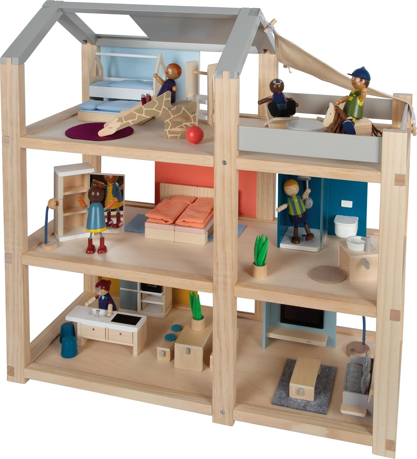 Casă de păpuși din lemn Small Foot, culori naturale - 3 etaje cu terasă pe acoperiș și set de mobilier din 51 de piese, încurajează jocul creativ, potrivită de la 3 ani, 12541 Casute de papusi Naty Shop