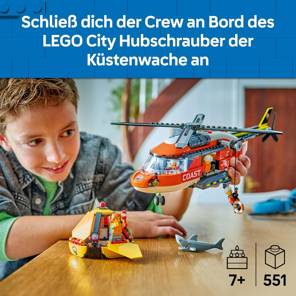LEGO City Hubschrauber der Küstenwache - Spielzeug Einsatzfahrzeug - Modellbau mit Schiebetüren, Winde, 4 Minifiguren und Hai Figur - Geburtstagsgeschenk für Jungen ab 7 Jahren - 60503