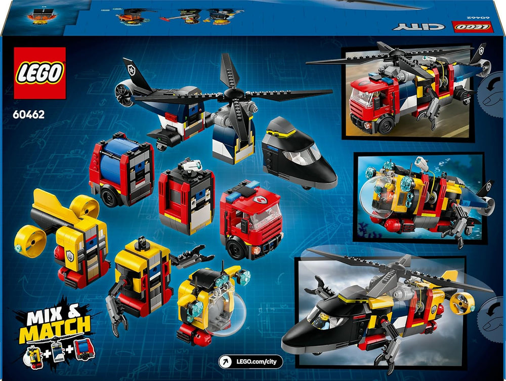 LEGO City Kombinationsset mit Hubschrauber, Löschauto und U-Boot und 3 Minifiguren - Baubare Spielzeug Fahrzeuge für Jungen und Mädchen ab 7 Jahren - Geschenk zum Geburtstag & für die Feiertage 60462