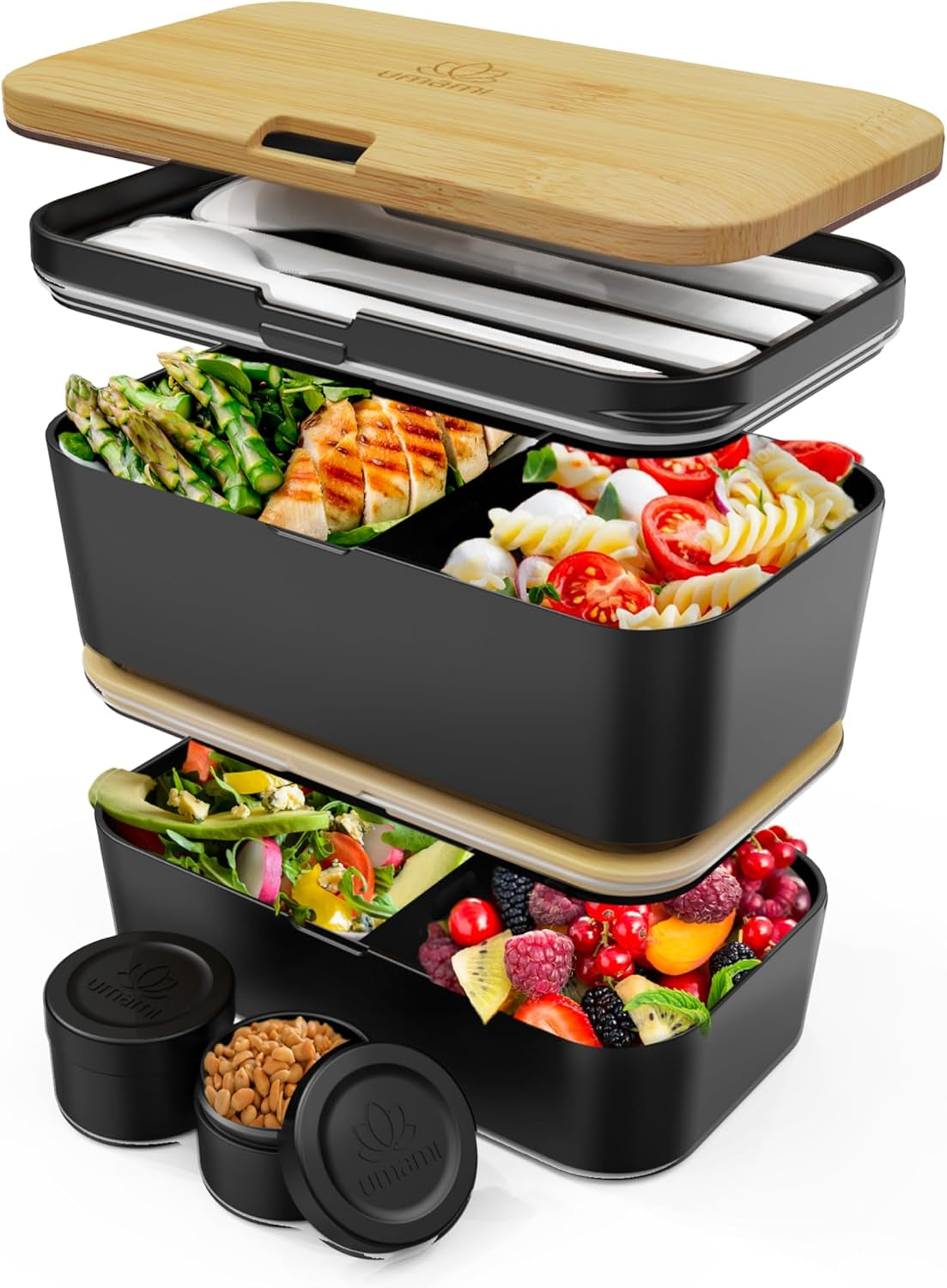 Cutie de prânz Umami pentru adulți, cutie bento stivuibilă etanșă cu 4 tacâmuri și compartimente, cutie de prânz pentru adulți, recipient pentru salată to-go, cutie de prânz pentru picnic / birou, gri cărbune, 1500 ml