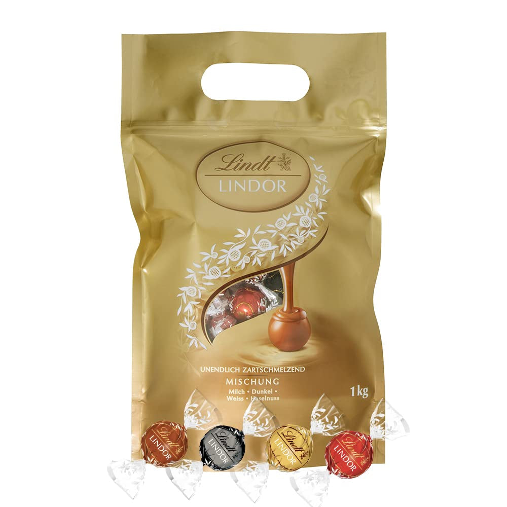 Mix de ciocolată LINDOR | 1371 g | Aprox. 109 bile: Mix clasic pentru bile de ciocolată cu lapte și LINDOR | Aprox. 80 de bile de ciocolată (lapte, albă, neagră 60%, alune) | Pachet vrac, 1 kg